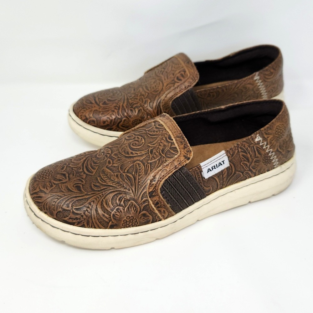 Womens Ariat Ryder Cruisers Brown Slip-On Filigree Carved Leather Size 6 1/2